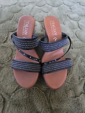 Italian Shoemakers Black Strappy Slide Mules with Beaded Detail